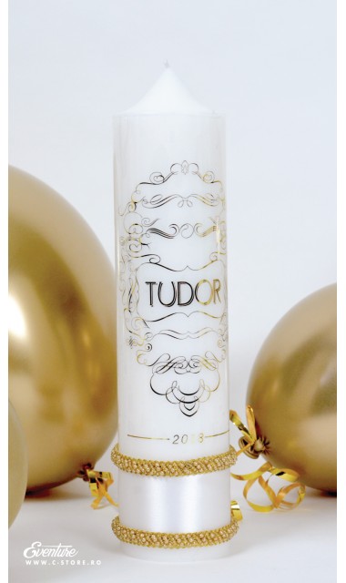Lumanare de botez personalizata, print folio gold, 30x8cm, Tudor  3
